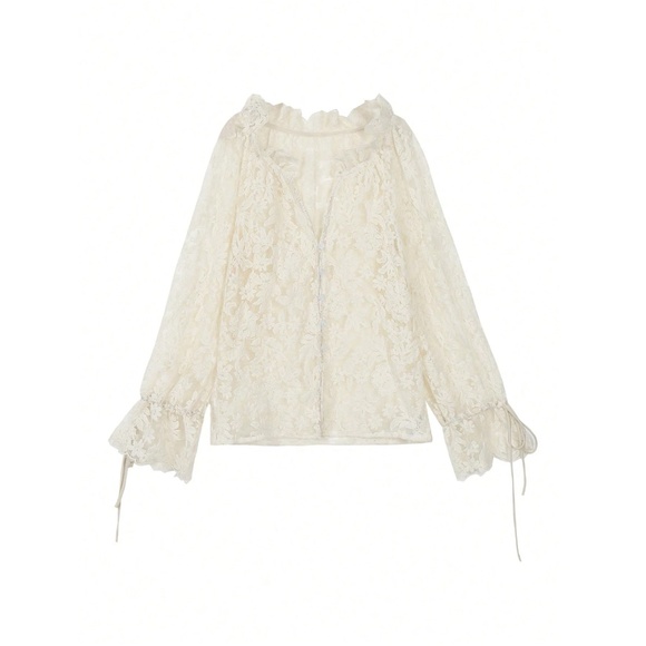 Guipure Lace on Mesh Cream V-Neck Floral Pattern Button Down Shirt - Picture 5 of 10